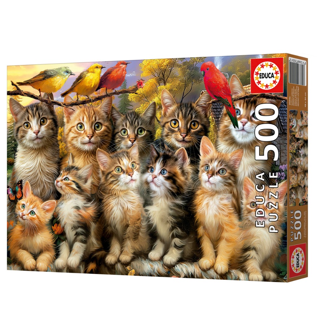 A group of diverse kittens gathered in a forest setting with colorful birds perched on a branch above them.