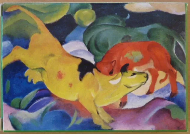Expressionist painting of a yellow cow and a red calf in a stylized, dreamlike landscape.