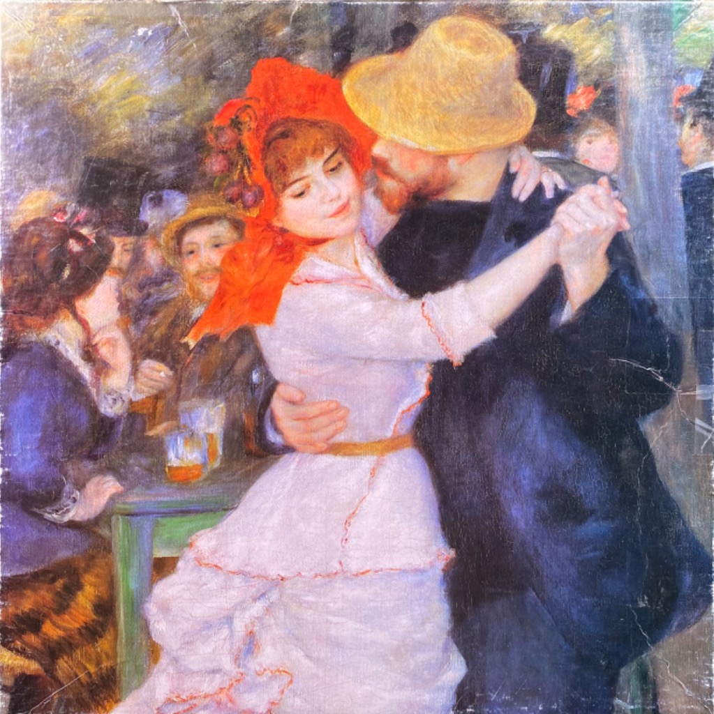 An impressionist oil painting of a couple dancing outdoors, surrounded by seated patrons at tables.