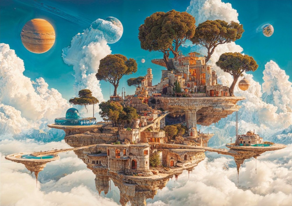 A whimsical village of stone buildings and lush trees floating on rocky islands amidst a sea of fluffy clouds.