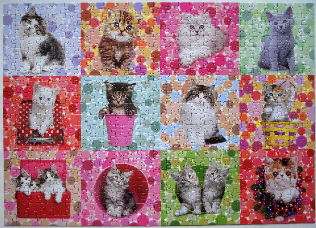 A grid of twelve colourful panels featuring various cute kittens in playful settings and backgrounds.