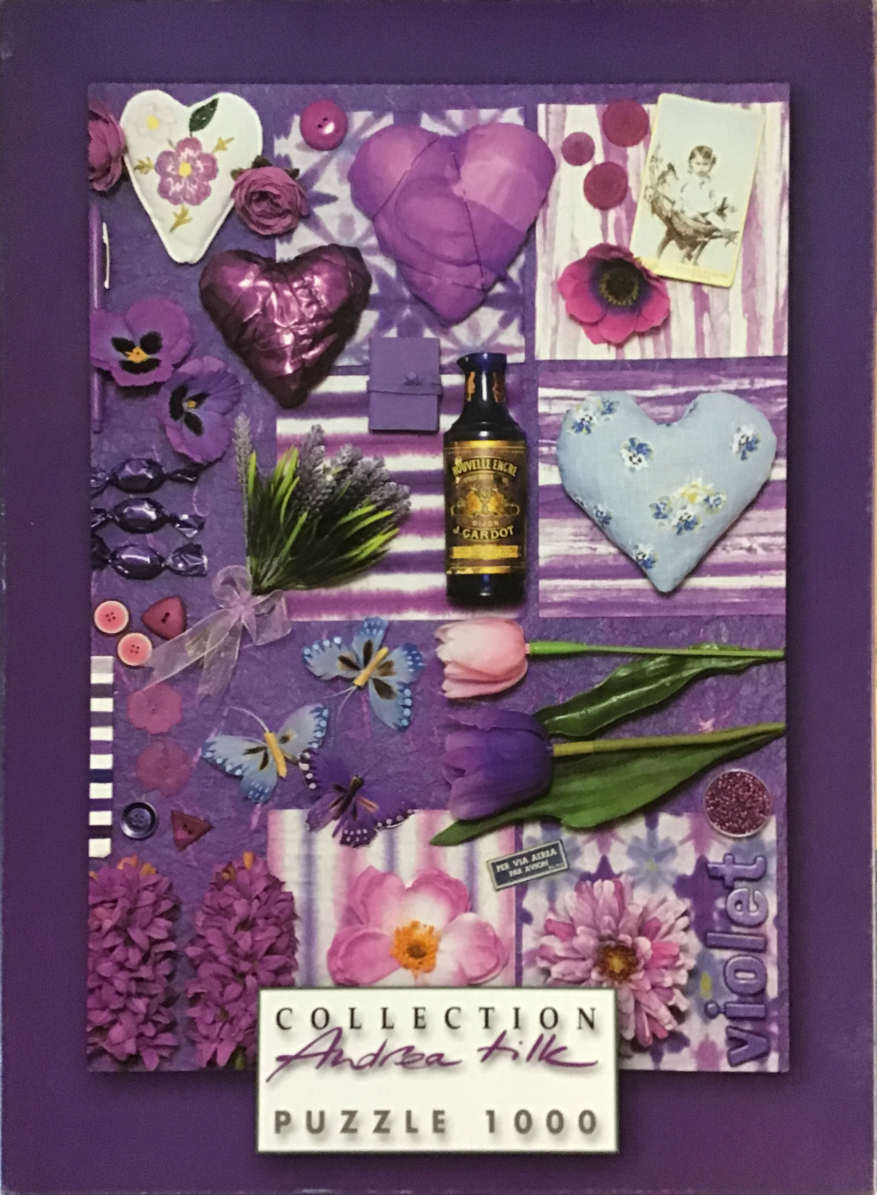 A collage of violet-themed objects including hearts, flowers, butterflies, and vintage ephemera.