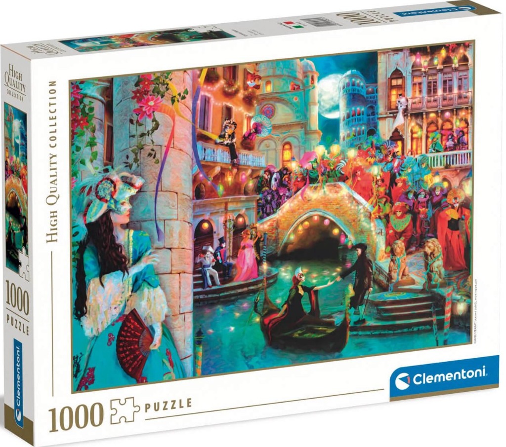 An atmospheric illustration of a nighttime Venetian carnival scene with costumed figures, a gondola, and festive lights.