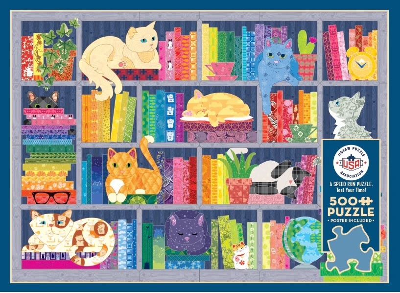 Illustration of several colorful cats perched on and among vibrant books on a dark blue bookshelf.
