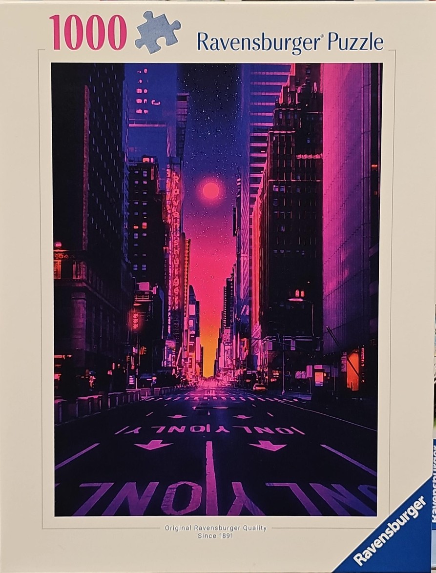 A synthwave-style city street at night featuring deep purple and neon pink colors and a glowing sun.