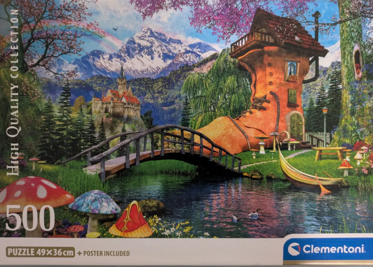 A whimsical landscape featuring a house shaped like a giant shoe by a pond with a distant castle and snowy mountains.