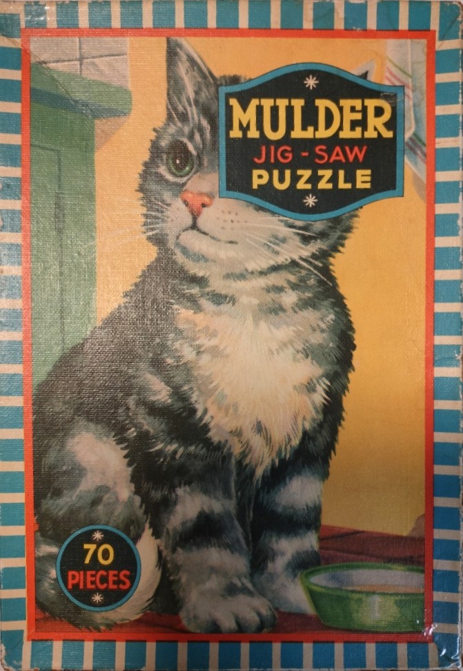 Vintage illustration of a seated gray tabby cat next to a small green bowl on a yellow background.