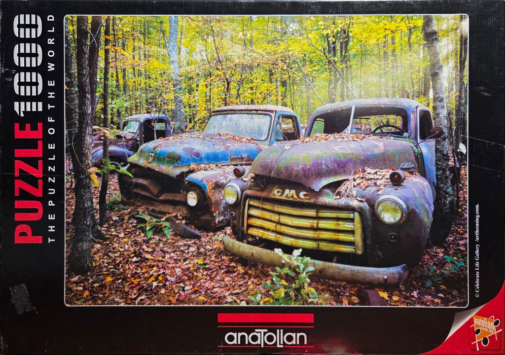 Two abandoned vintage trucks resting in a sunlit autumn forest.
