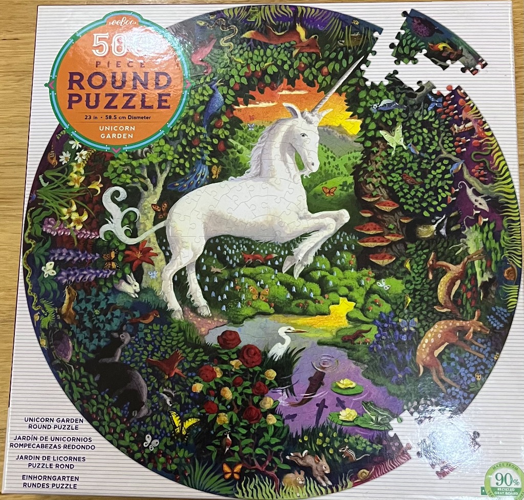 A whimsical illustration of a white unicorn in a lush, magical forest garden filled with diverse wildlife and flowers.