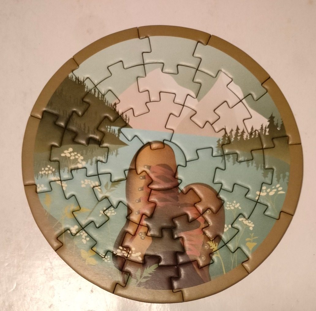 Round illustration of a hiker