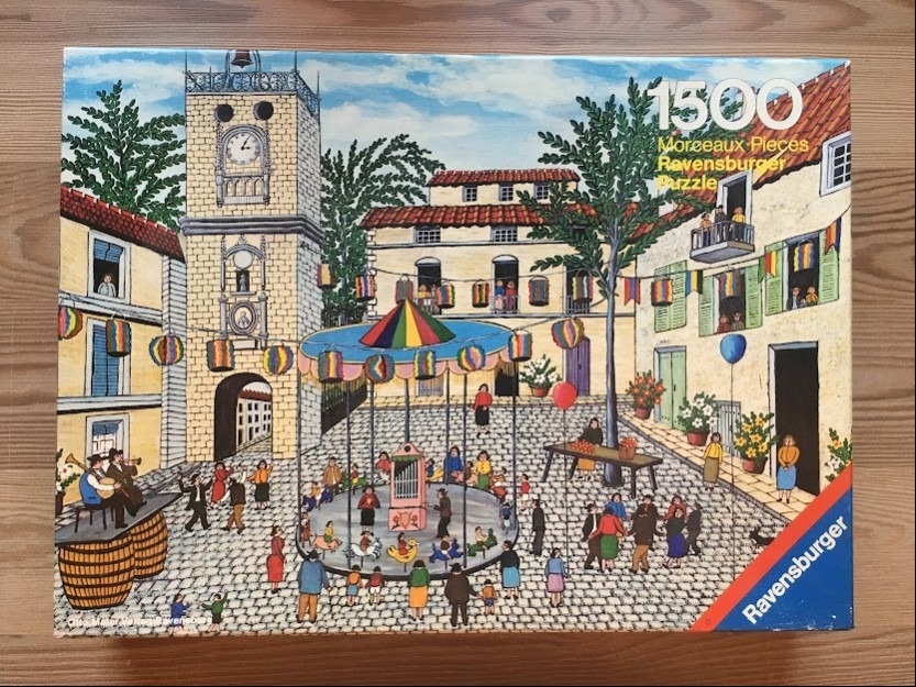 A whimsical folk-art style illustration of a carousel in a European town square with a clock tower and bustling people.