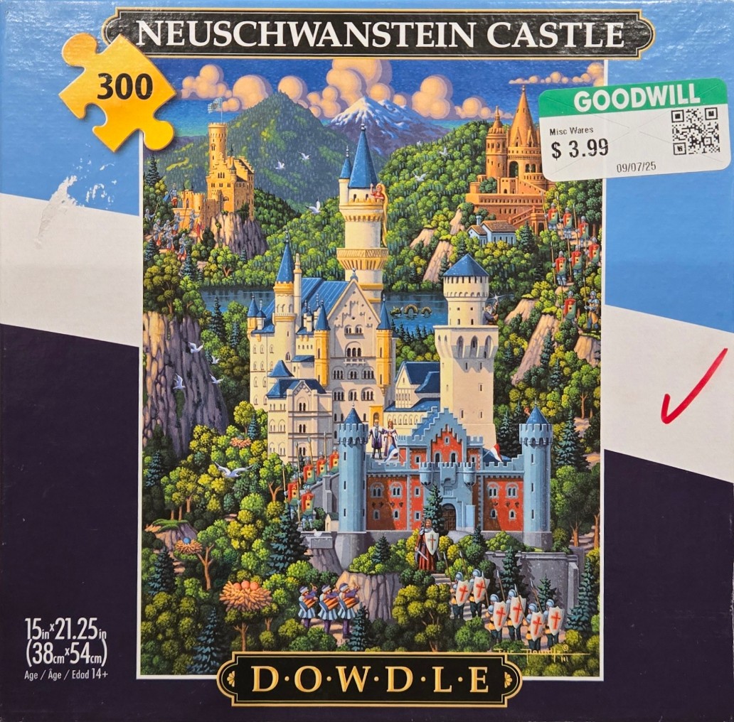 A vibrant folk art illustration of Neuschwanstein Castle nestled in a forested mountain landscape with knights below.