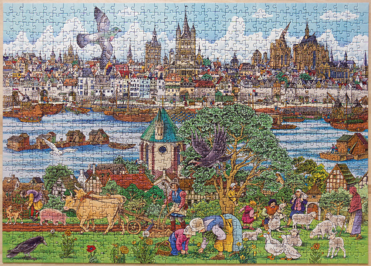 Illustration of a medieval town by a river with villagers tending to crops and livestock in the foreground.