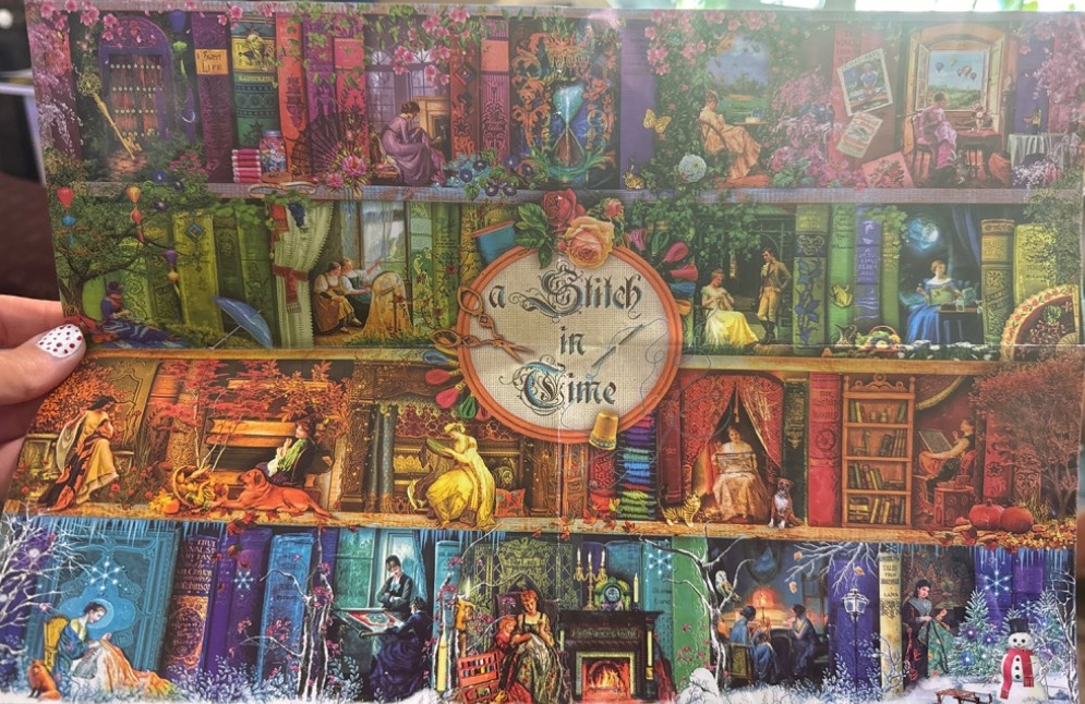 A collage scene featuring people sewing, reading, and relaxing within shelves of giant, ornate, vintage-style books.