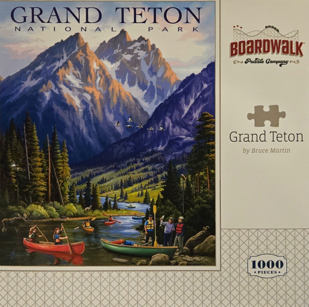 Illustration of Grand Teton National Park with a river, canoes, and mountain peaks.