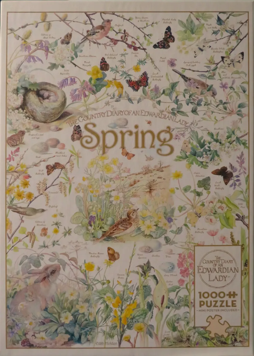 Botanical and wildlife illustration titled Spring from The Country Diary of an Edwardian Lady.