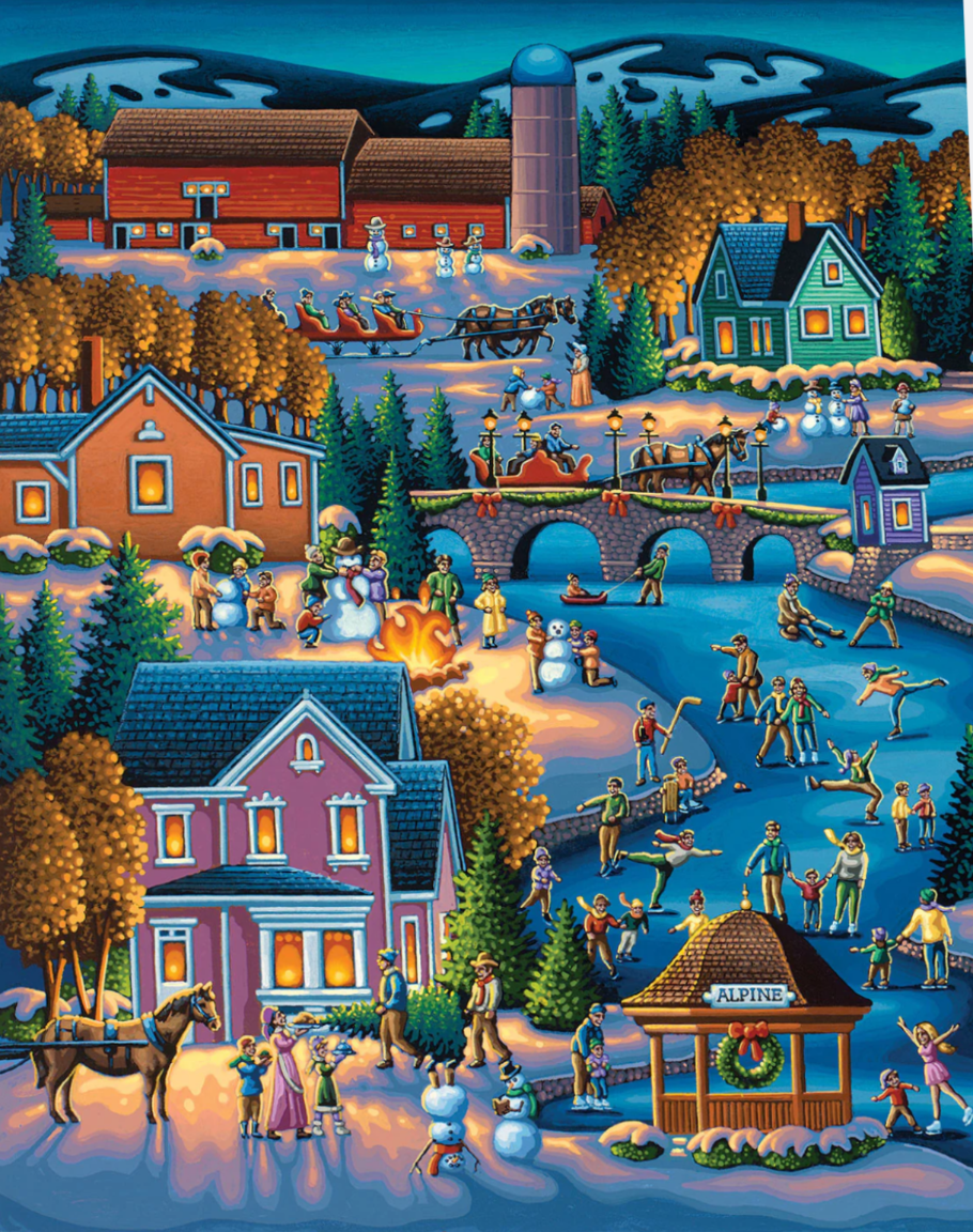 A whimsical winter scene features a frozen river filled with ice skaters surrounded by cozy houses and holiday festivities.