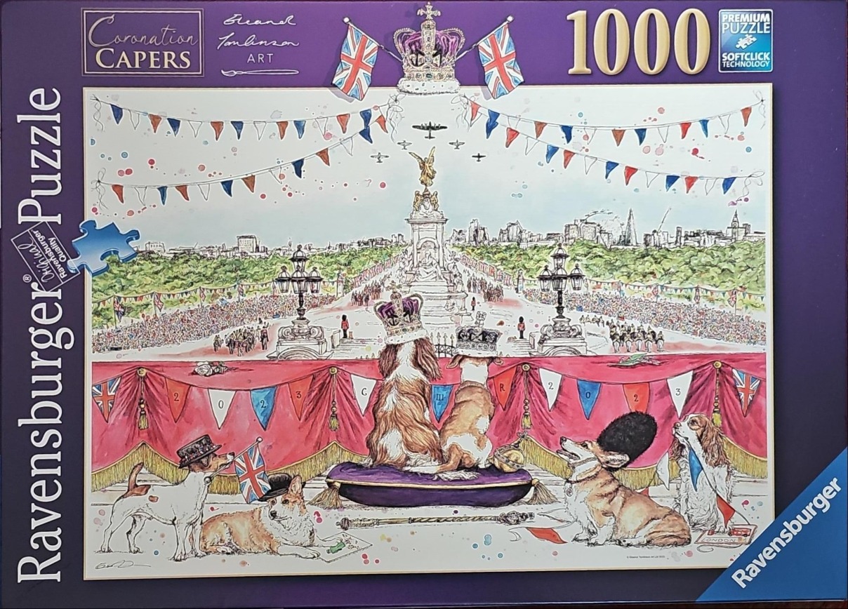 Watercolor illustration of corgis and other dogs watching a coronation parade in London.