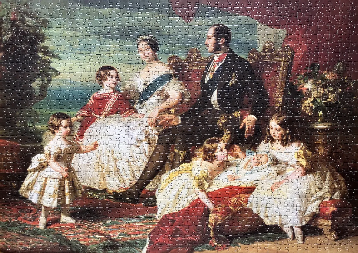 A formal oil painting of Queen Victoria, Prince Albert, and their five eldest children in a royal portrait.