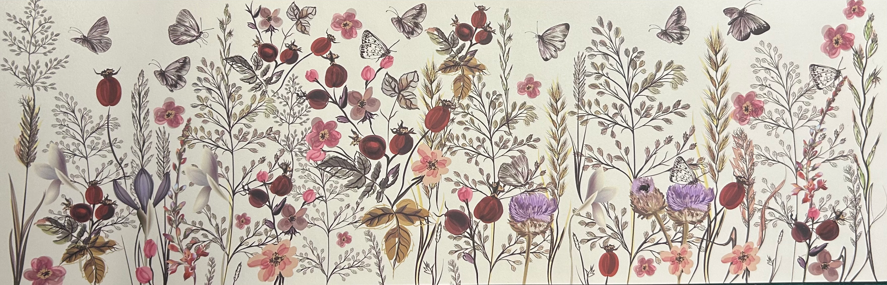 A panoramic illustration of wildflowers, rose hips, and butterflies on a cream background.