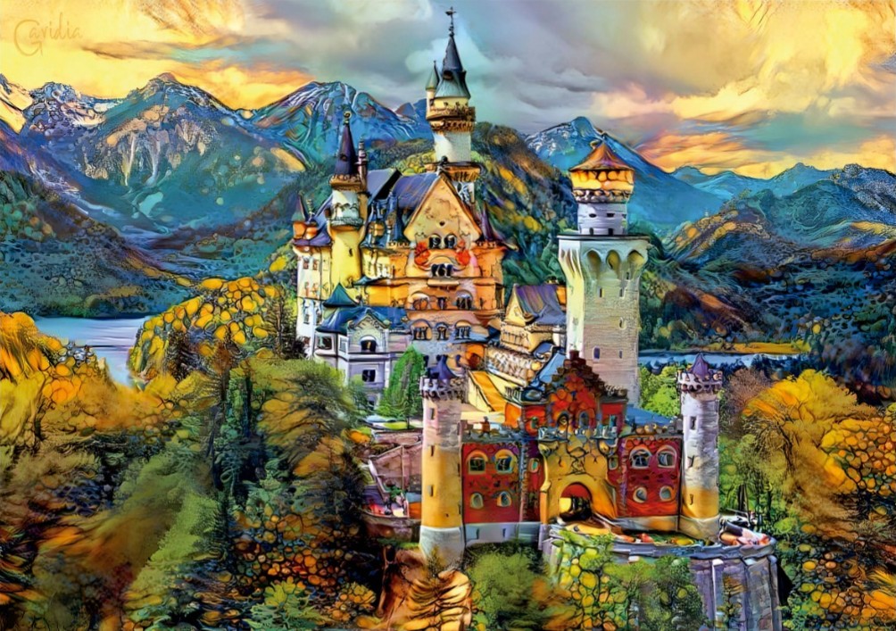 An impressionistic digital painting of a grand European castle nestled in a mountainous, forested landscape at sunset.