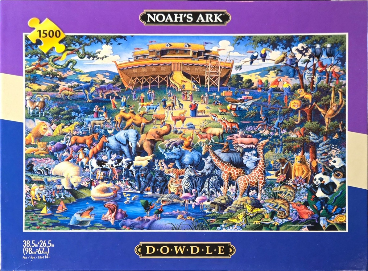 A whimsical illustration of Noah's Ark filled with diverse animals in a vibrant, lush landscape.