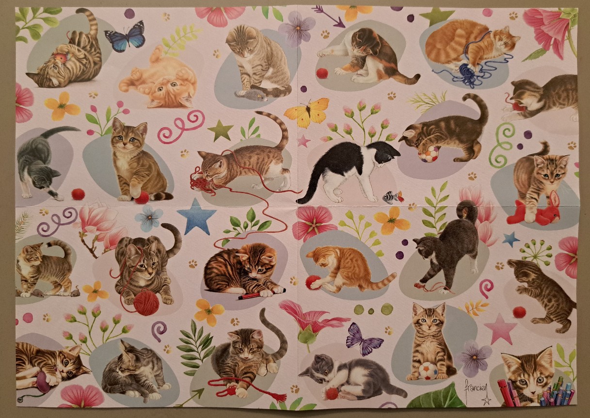 A collage of kittens playing with yarn balls, butterflies, and floral motifs on a light pink background.