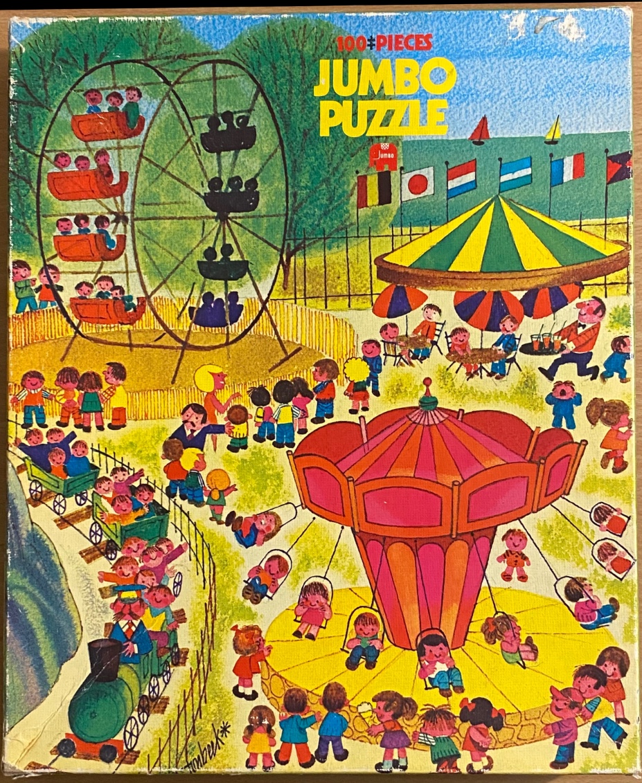 A whimsical illustration of a busy fairground with a Ferris wheel, carousel, and a train full of children.