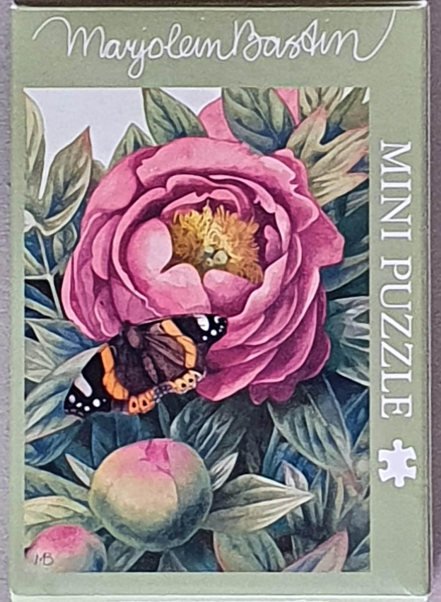 A botanical illustration featuring a large blooming peony flower and a butterfly on a dark leafy background.