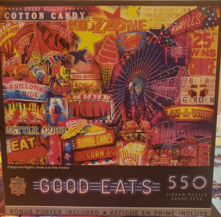 A vibrant, collage-style illustration of a nighttime county fair, featuring food stalls, rides, and colorful neon signs.
