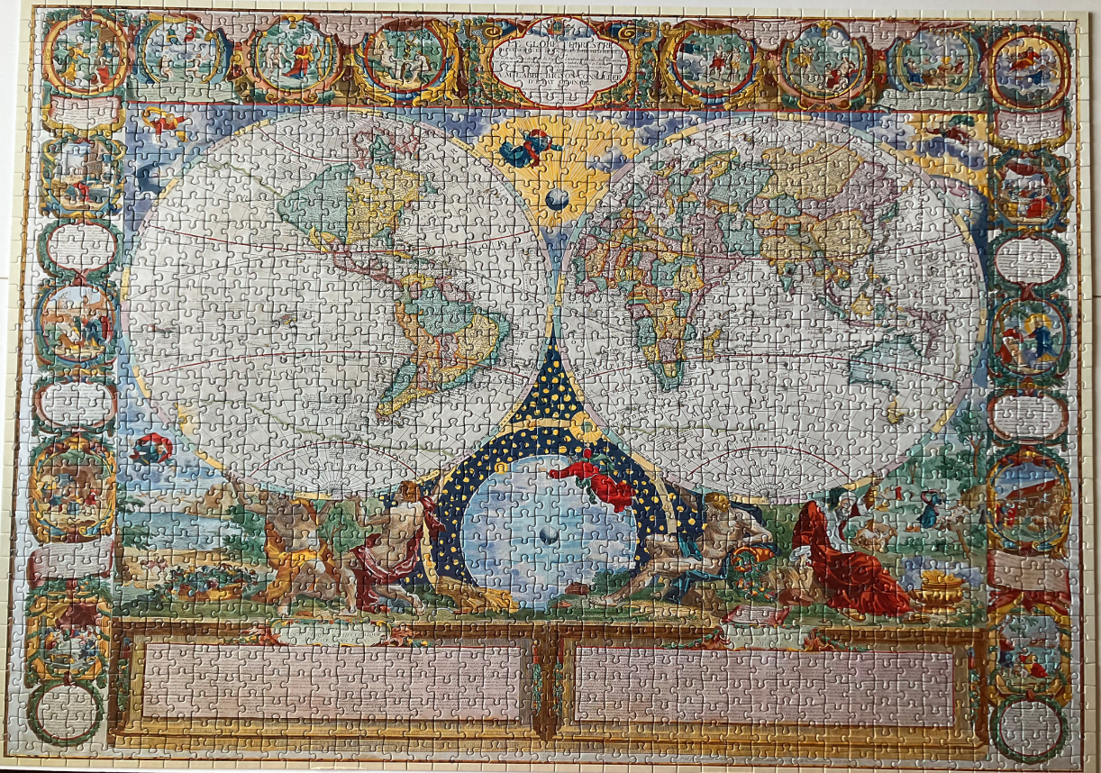 A vintage-style double-hemisphere world map surrounded by ornate illustrations of mythical figures and scenes.
