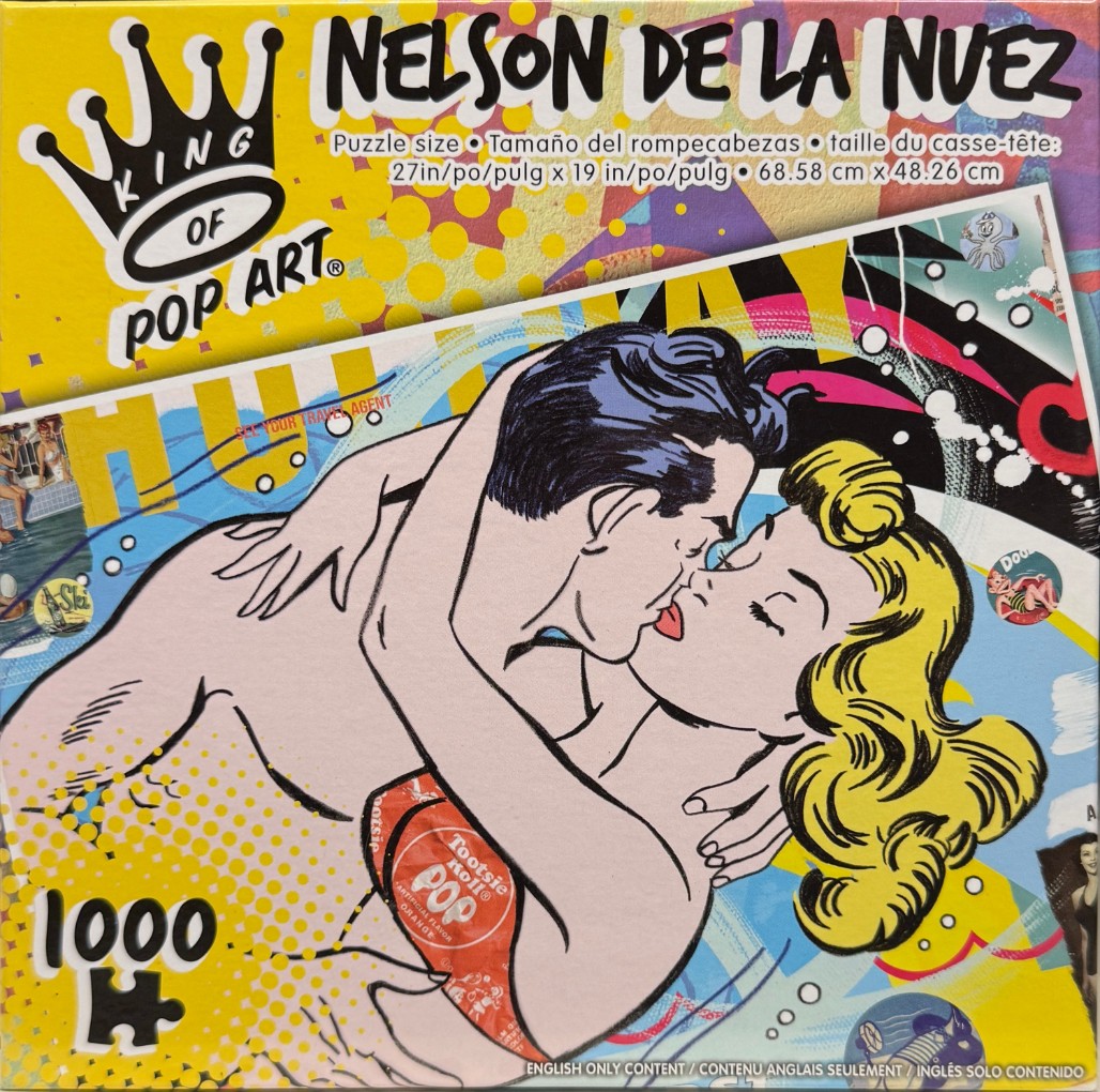 A pop art illustration of a man and woman kissing, surrounded by abstract, colorful, vintage-style graphic elements.