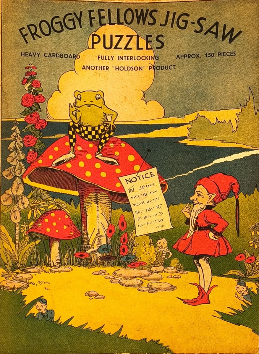 Vintage illustration of a frog in checkered pants sitting on a mushroom and talking to a garden gnome.