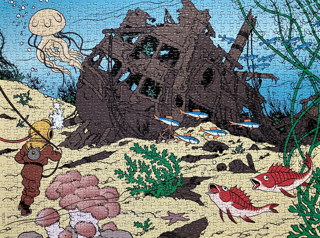 A cartoon illustration of a deep-sea diver exploring a shipwreck on the ocean floor surrounded by marine life.