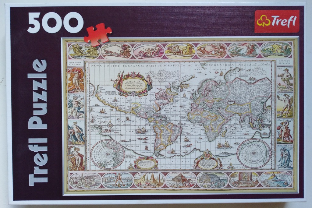 An antique-style world map surrounded by illustrations of planetary gods and seasonal allegories.