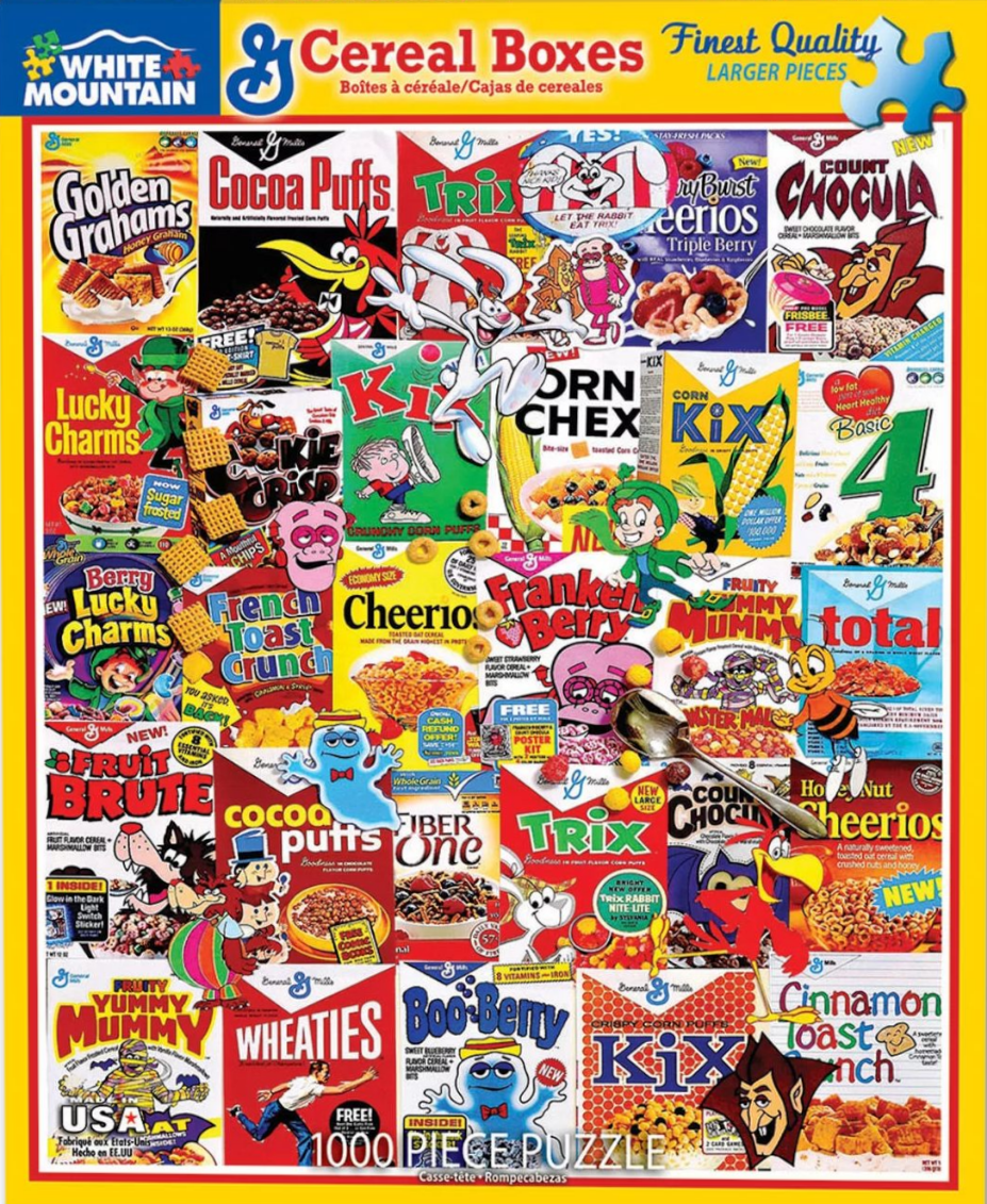 A collage of vintage cereal boxes featuring famous cartoon mascots and breakfast products.