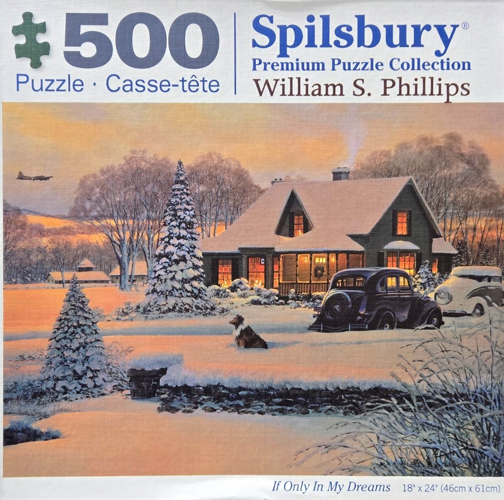 A peaceful snowy winter scene at sunset featuring a country home, vintage cars, and a dog.