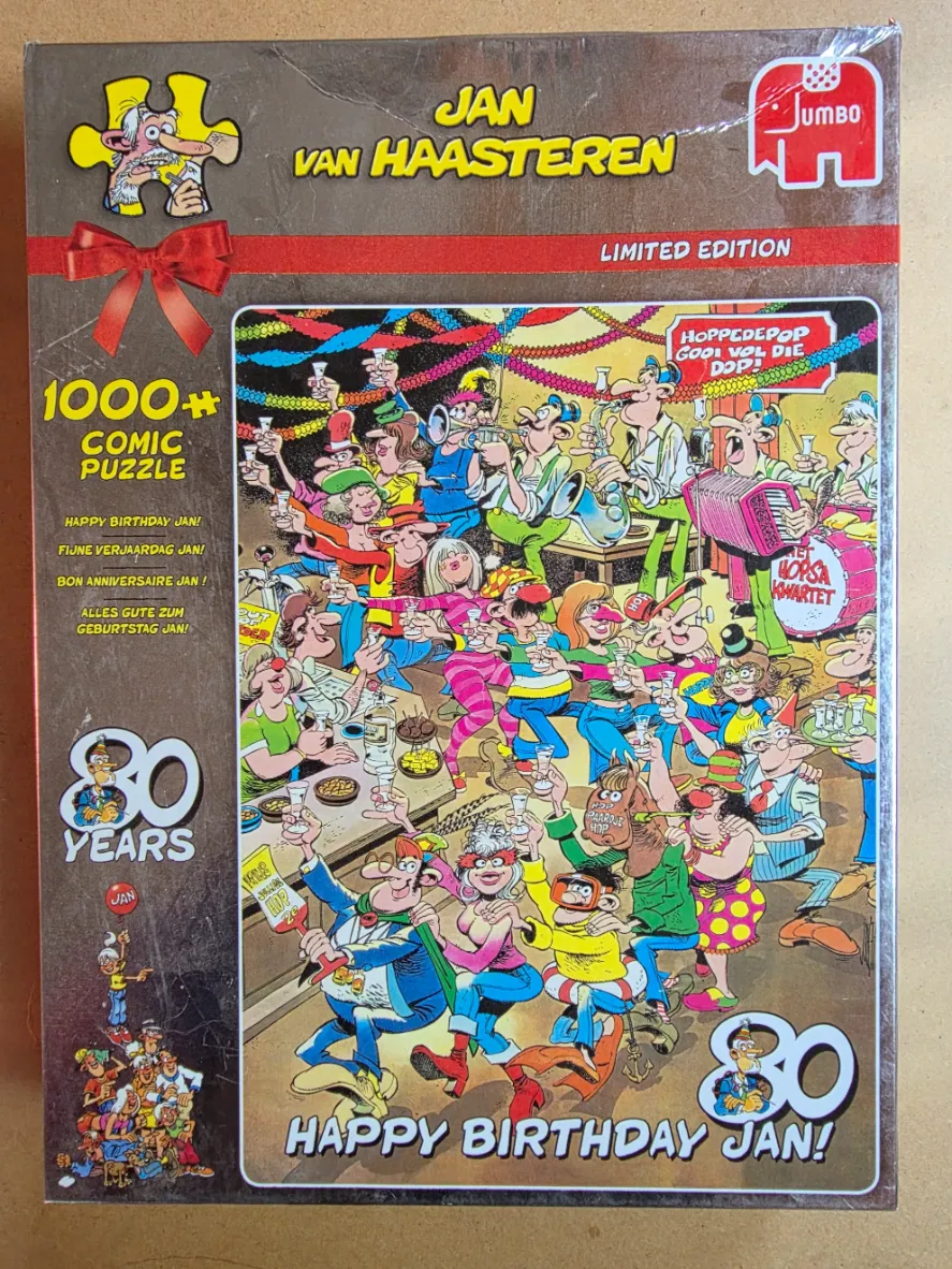 A busy, chaotic cartoon illustration of a birthday party celebration with many characters.