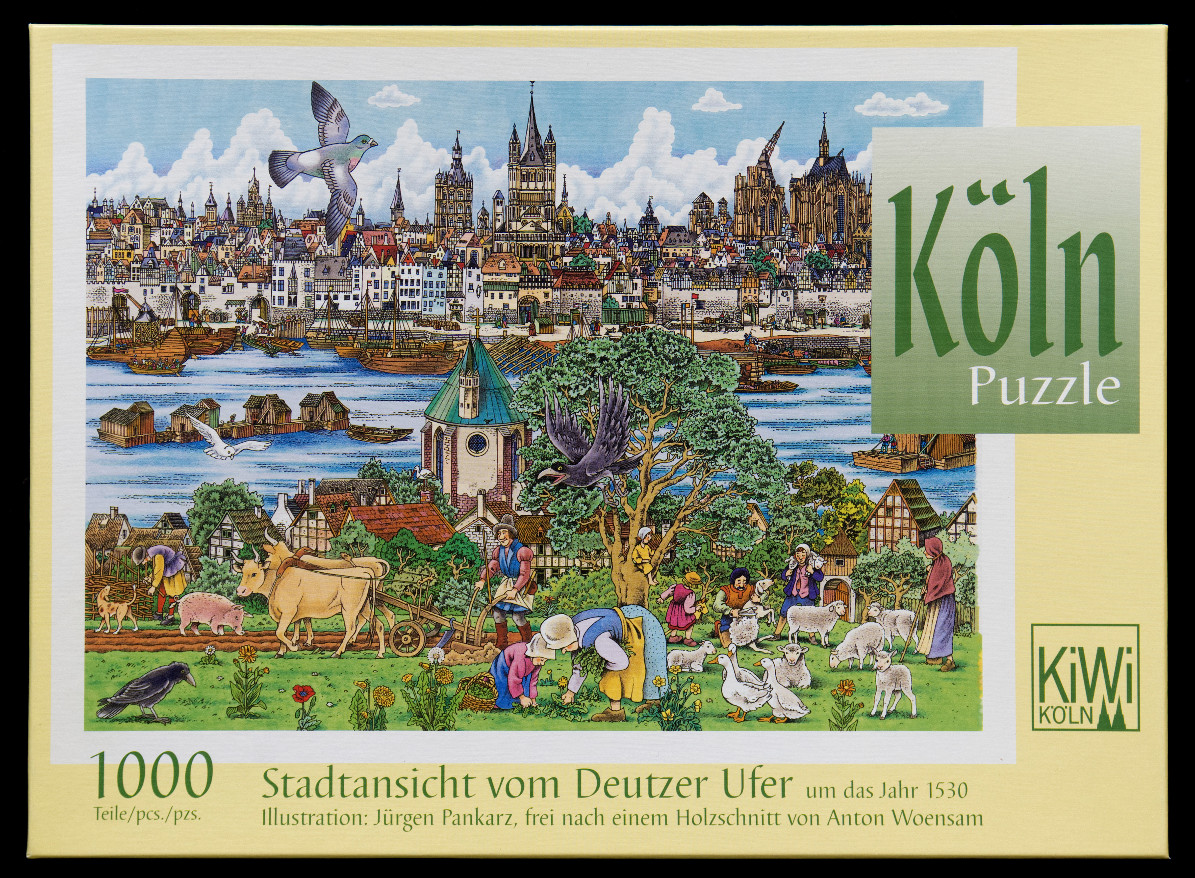 Historical illustration of 1530s Cologne featuring a busy riverbank with workers, animals, and the city skyline.