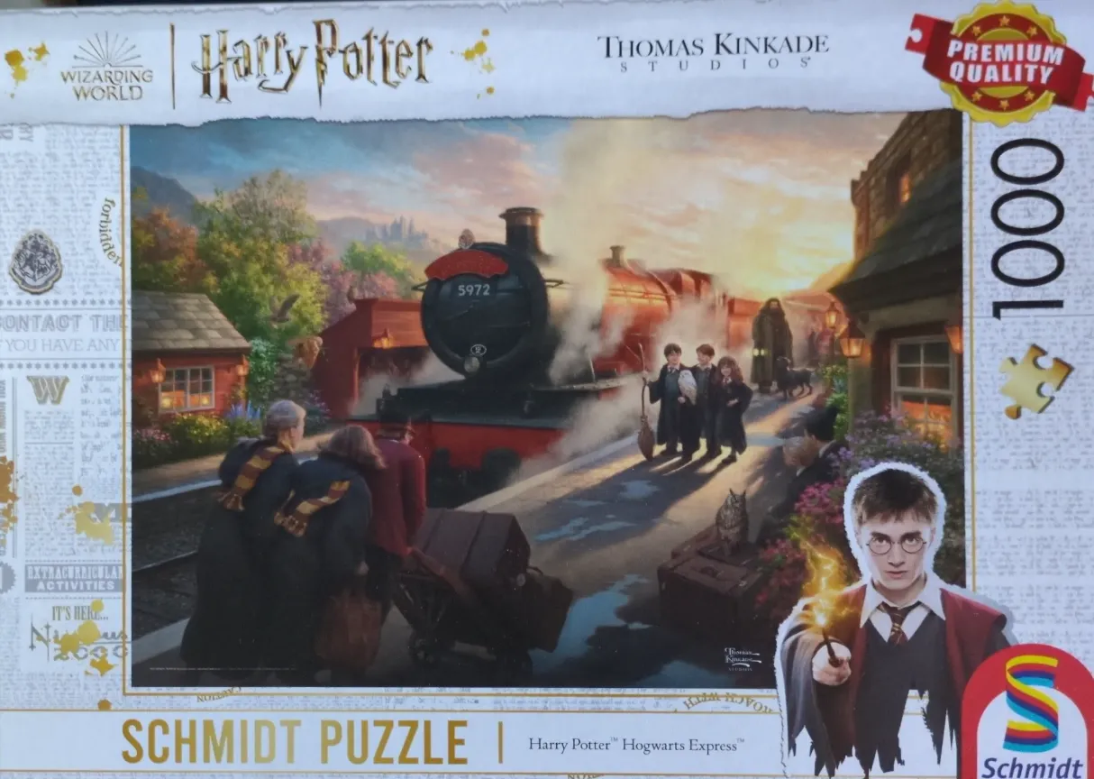 A nostalgic painting of the Hogwarts Express train at a platform with student characters in a sunset glow.