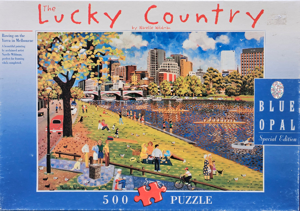 An oil painting of people relaxing on the banks of the Yarra River in Melbourne with a city skyline in the background.