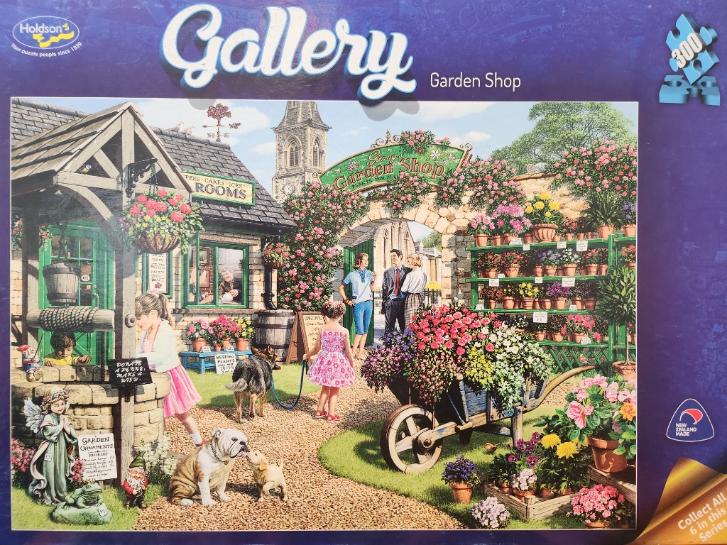 A detailed illustration of a quaint English garden shop featuring a stone well, flower-filled wheelbarrow, and patrons.