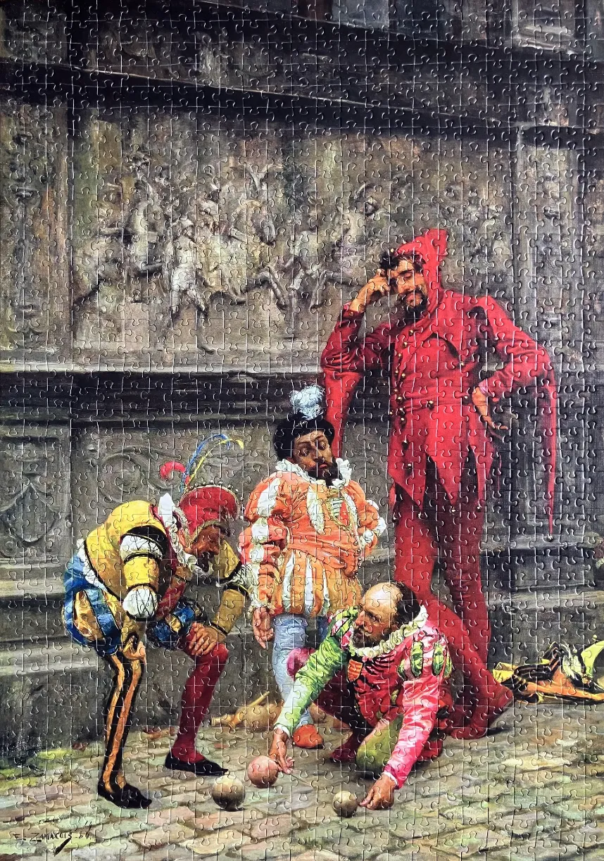 A painting of four courtiers in Renaissance-style colorful costumes playing a game on a stone floor.