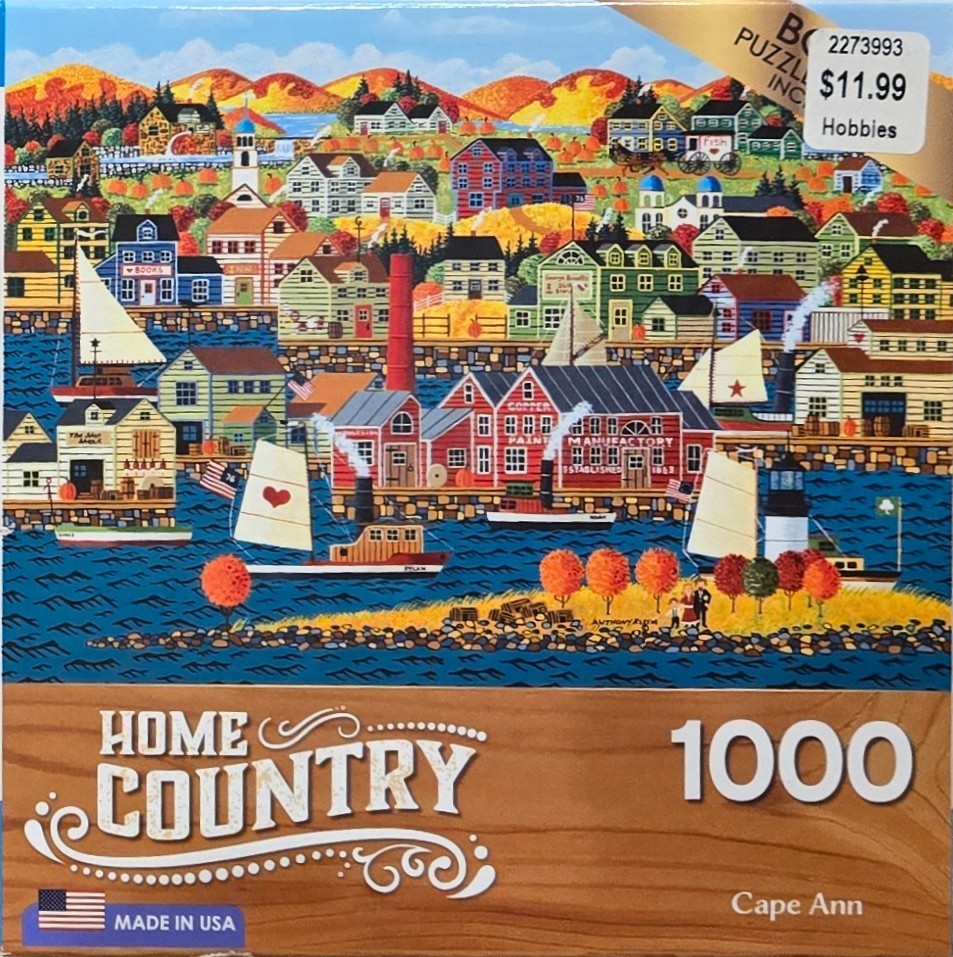 Folk art illustration of a coastal town in autumn with a busy harbor, sailing ships, and colorful rolling hills.