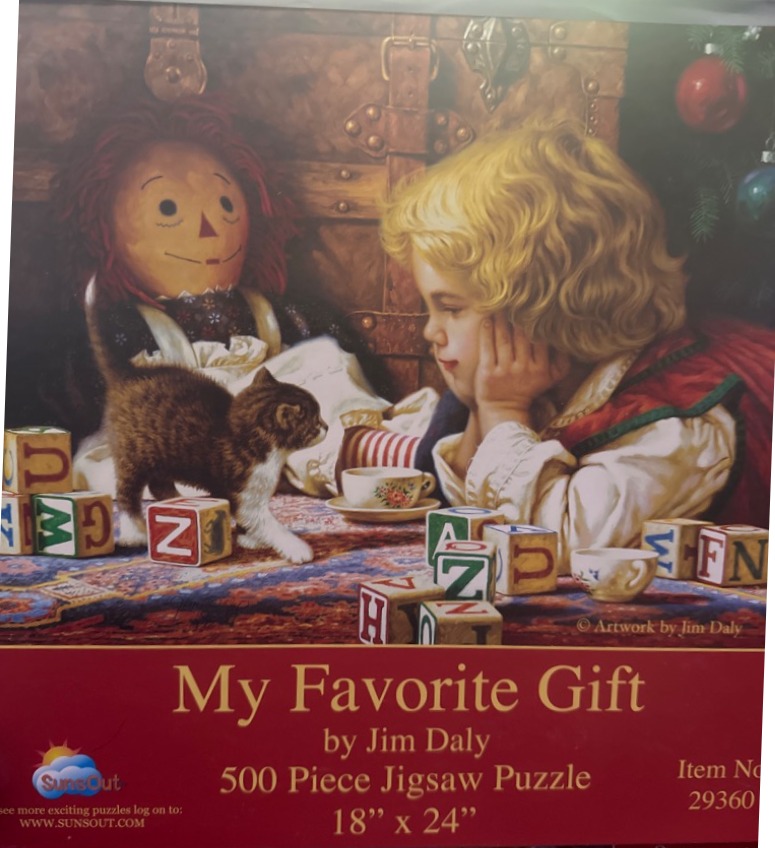 A nostalgic oil painting of a blonde child, a rag doll, and a kitten playing with alphabet blocks.