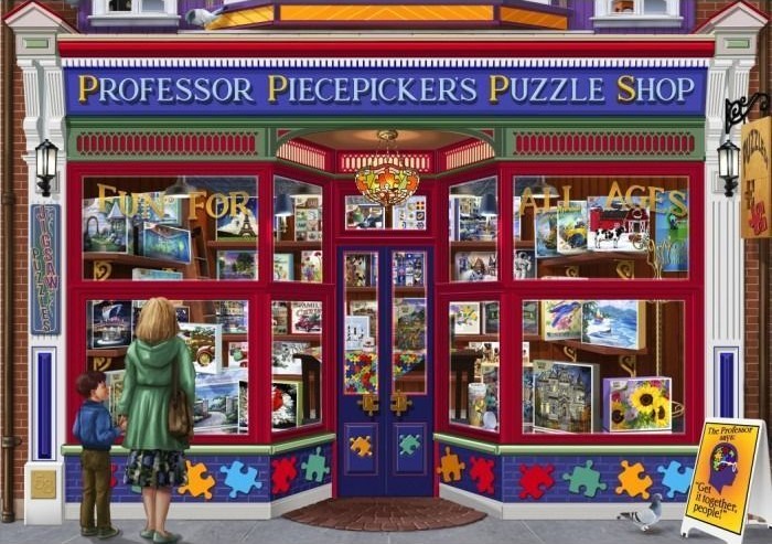 A mother and son looking at a shop window filled with various puzzle boxes.