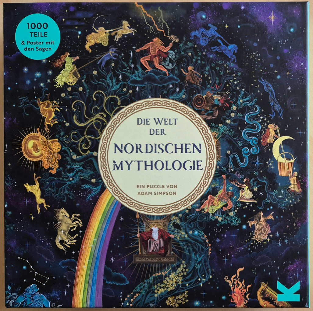 An intricate illustration of Norse mythology scenes arranged in a circular formation against a deep blue starry sky.