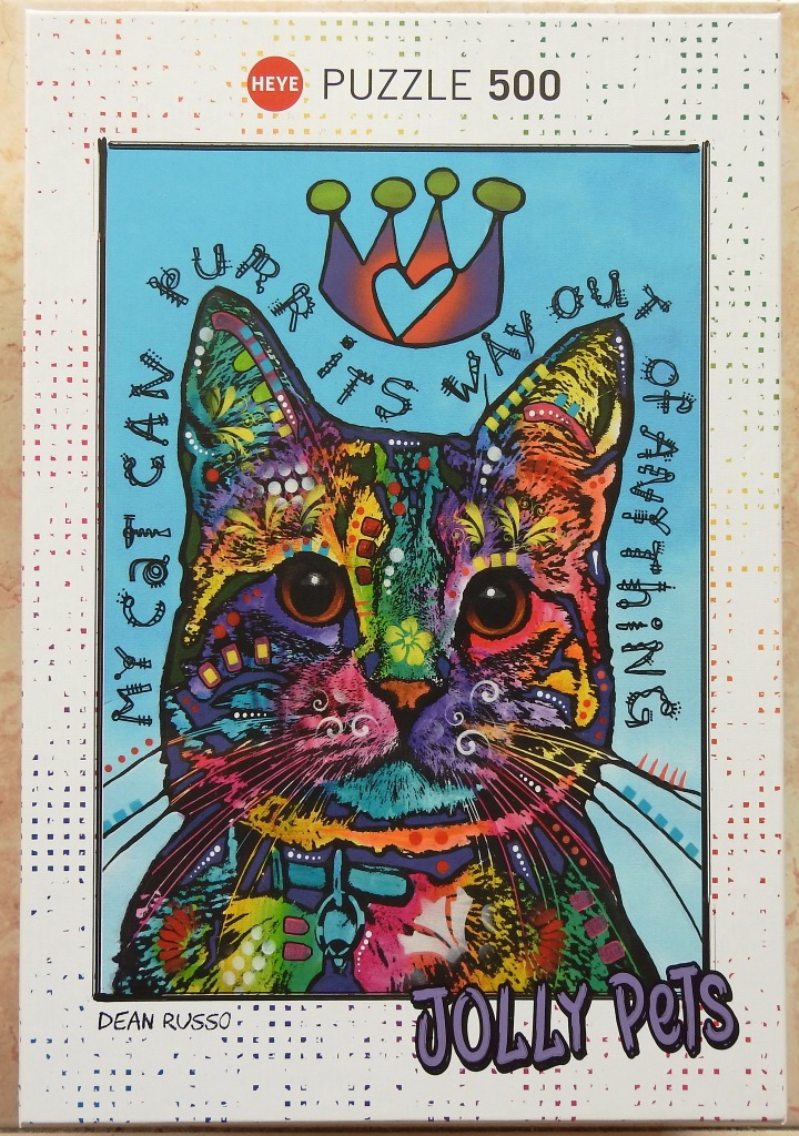 A vibrant pop-art style illustration of a cat with multicolored, patterned fur against a light blue background.