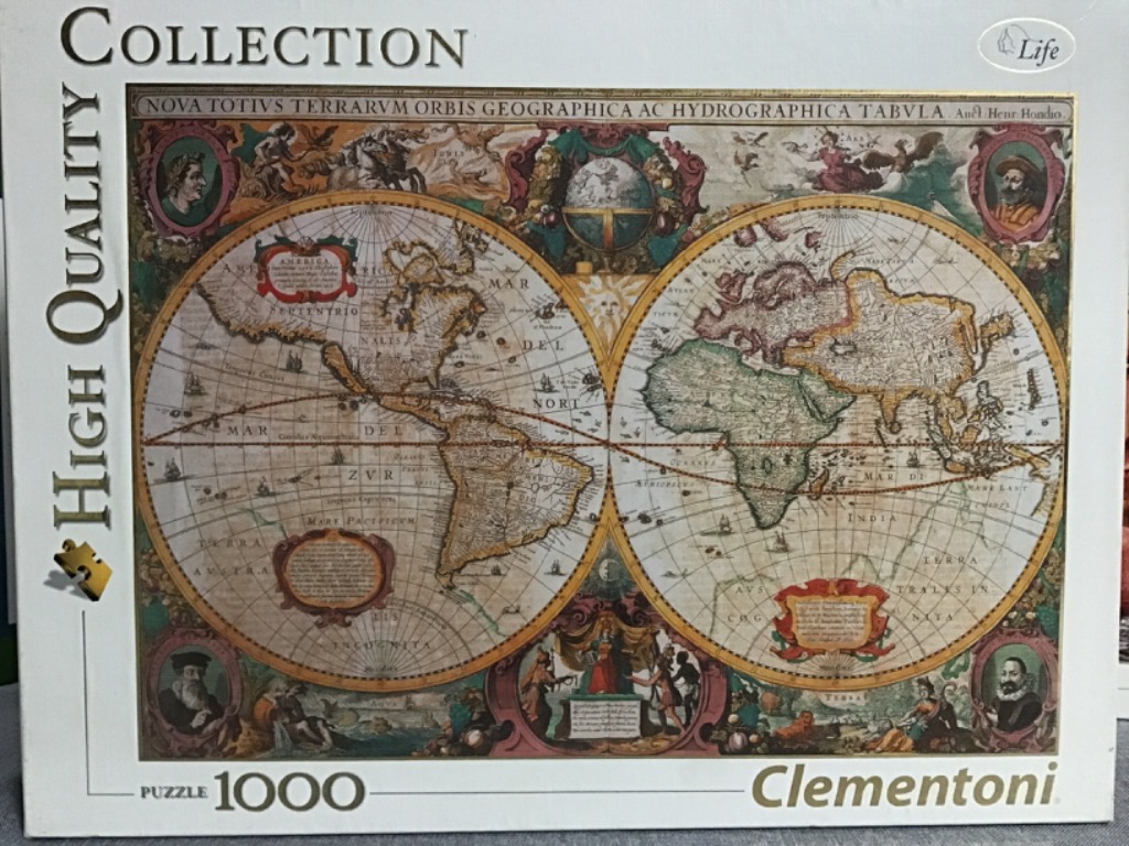 A vintage-style 17th-century world map with dual hemispheres, allegorical figures, and ornate borders.