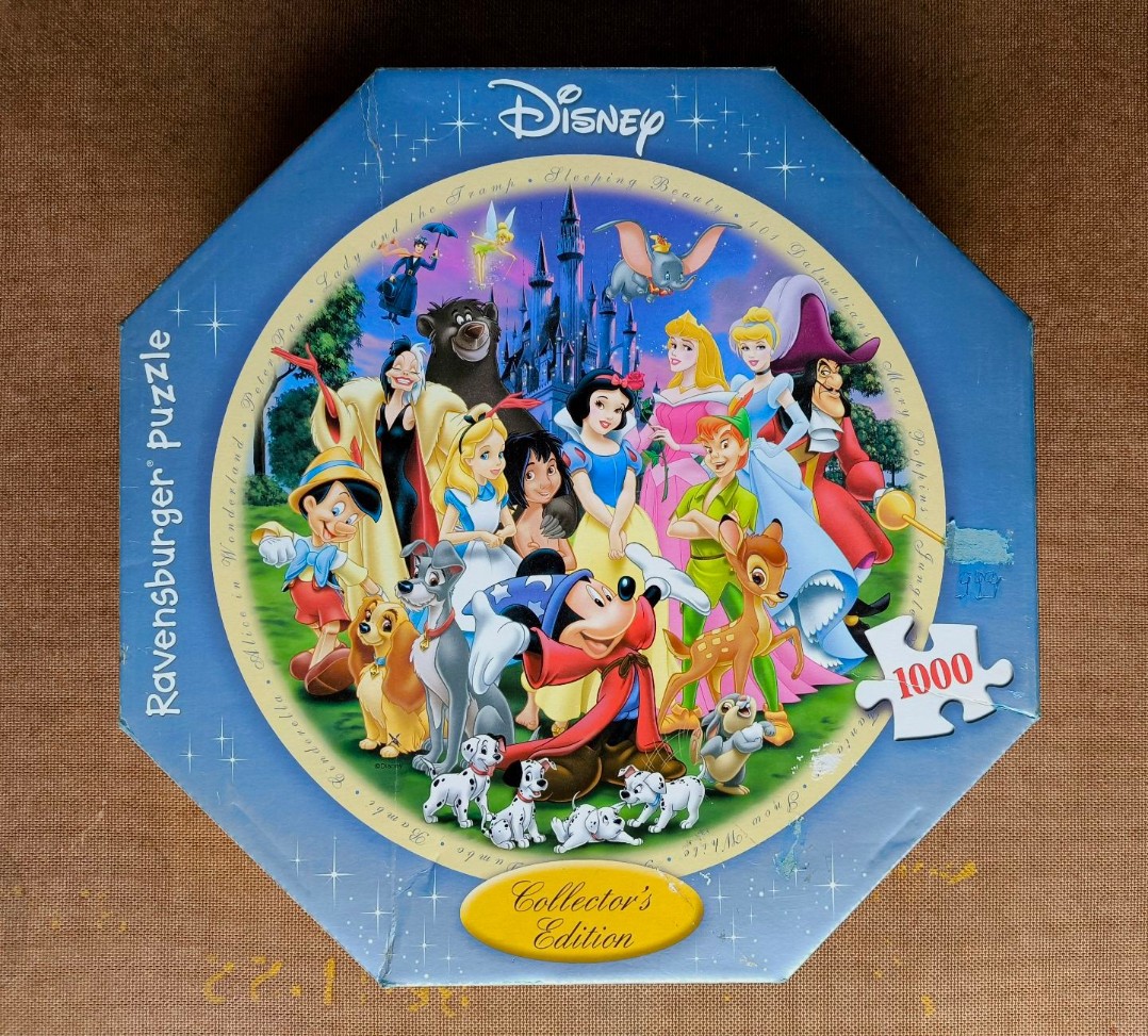 Collage of classic animated characters in front of a castle under a starry sky.